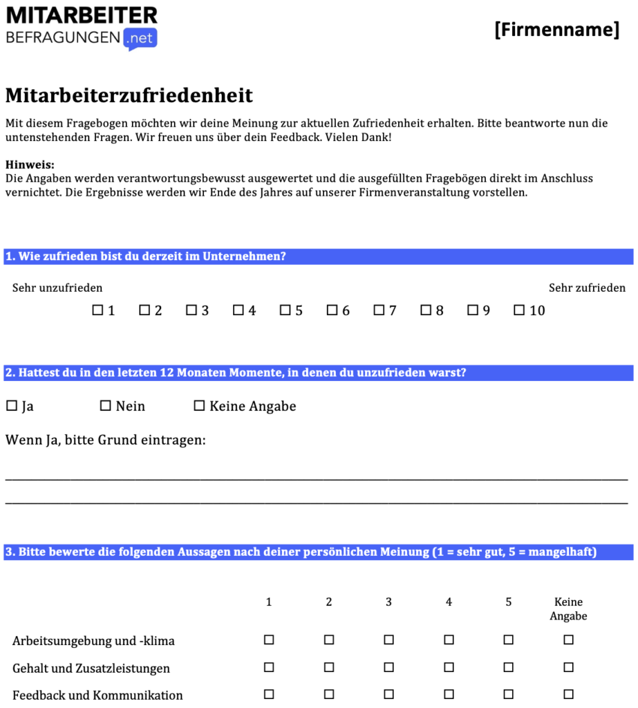 Vorlage für modernen Fragebogen Mitarbeiterzufriedenheit messen Word, PDF, Pages